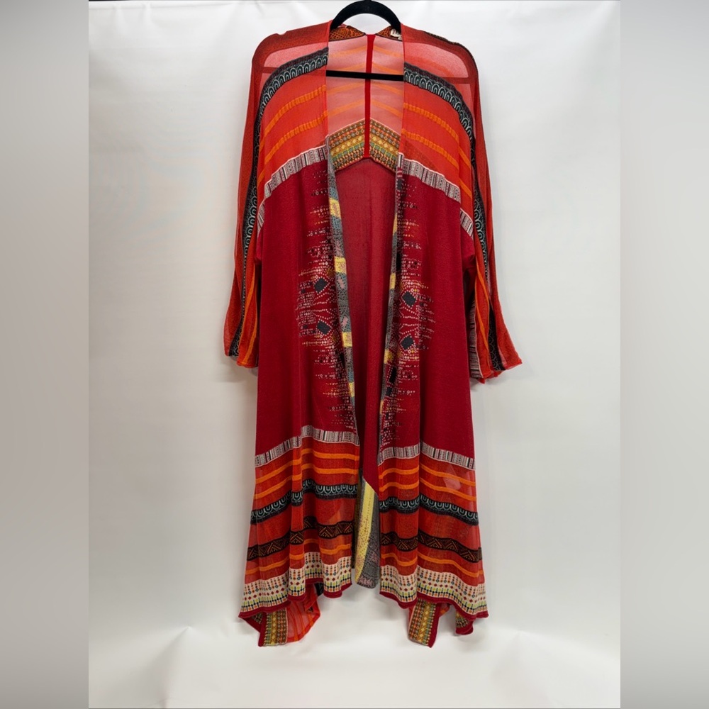 IVKO Women's Cardigan Linen Blend Geometric Sz 44/46 Multicolor Open Front Boho